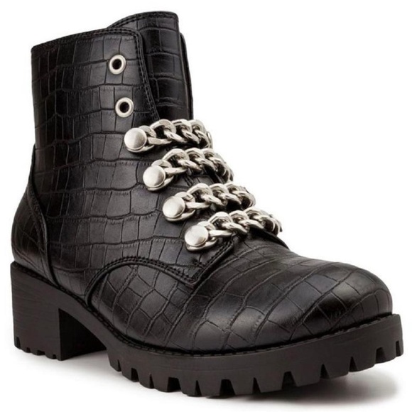 Nib Sugar Obvi Faux Leather Chain Combat Lace Up Boots - Picture 2 of 11